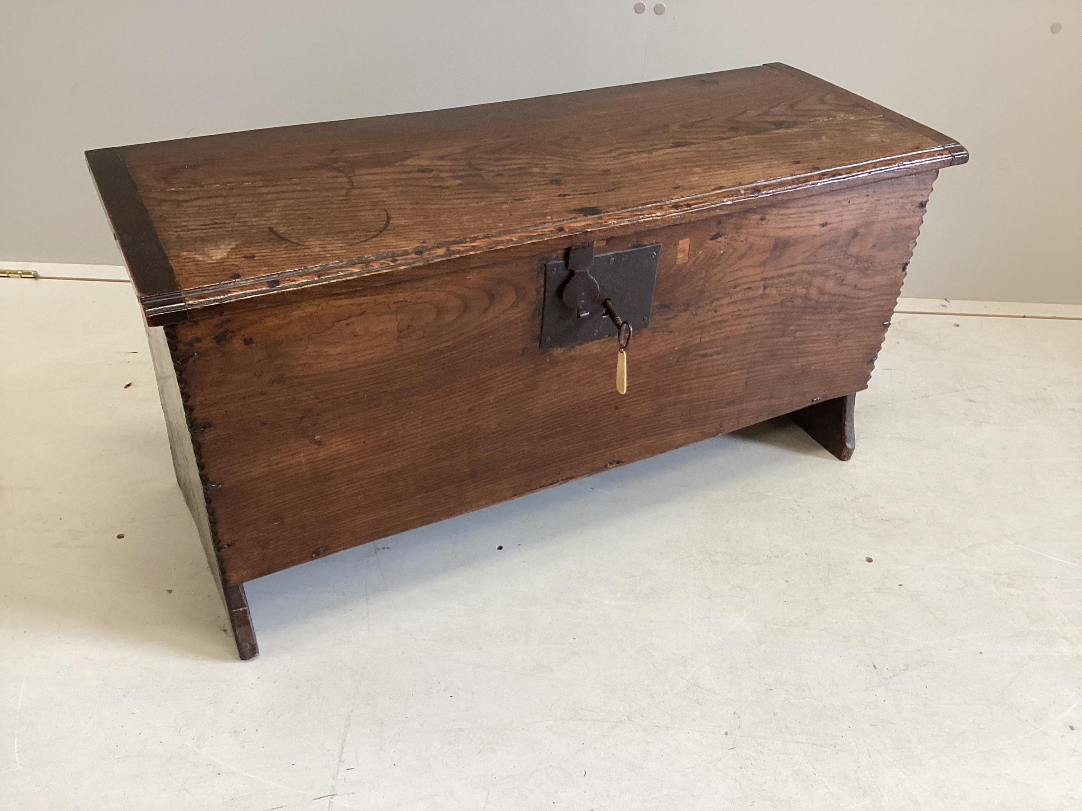 A small 18th century and later oak six plank coffer, width 86cm, depth 33cm, height 43cm. Condition - fair